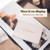 Our Wedding Video Book viewed from above showing open cover with wedding video playing