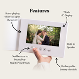 Our Wedding Video Book product features: 7-inch HD screen, linen hardcover, USB-C charging, no apps required